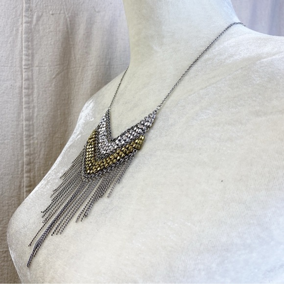 LANE BRYANT Fringe Silver & Gold Statement Bib Necklace mixed metals - Picture 2 of 5